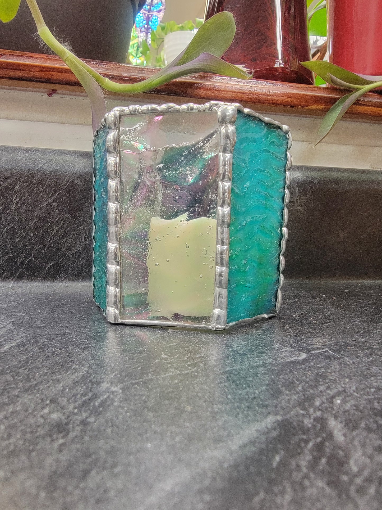 Teal candle holders, Stained Glass